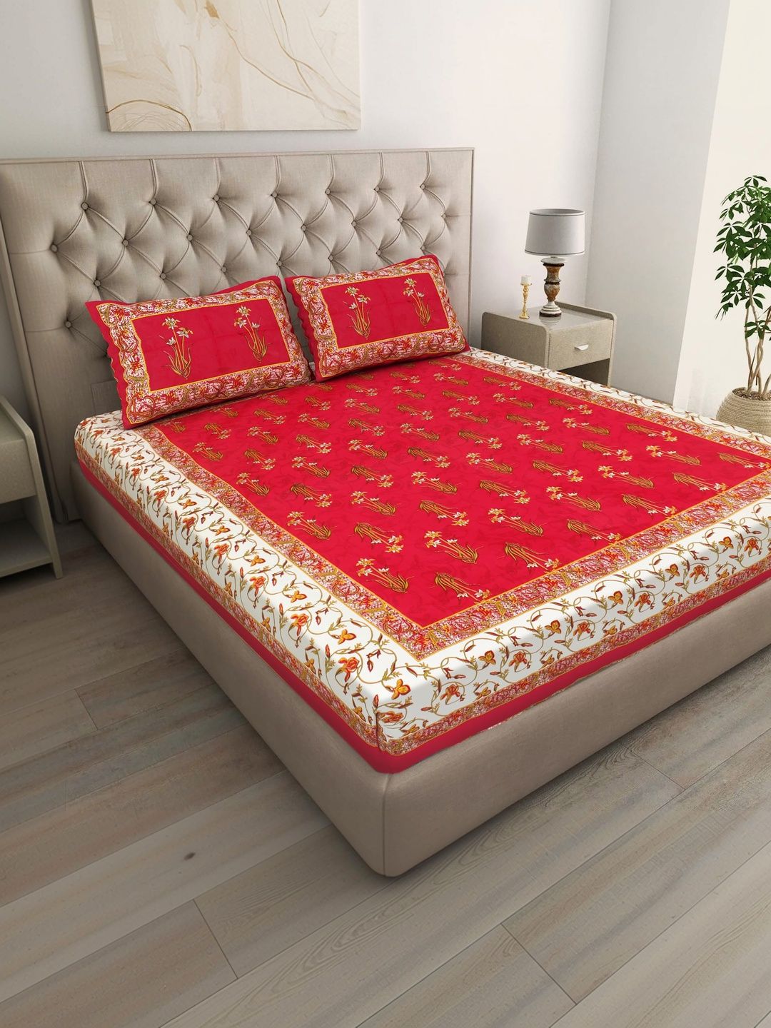 RRW Red Floral 180 TC King Bedsheet with 2 Pillow Covers-image-21