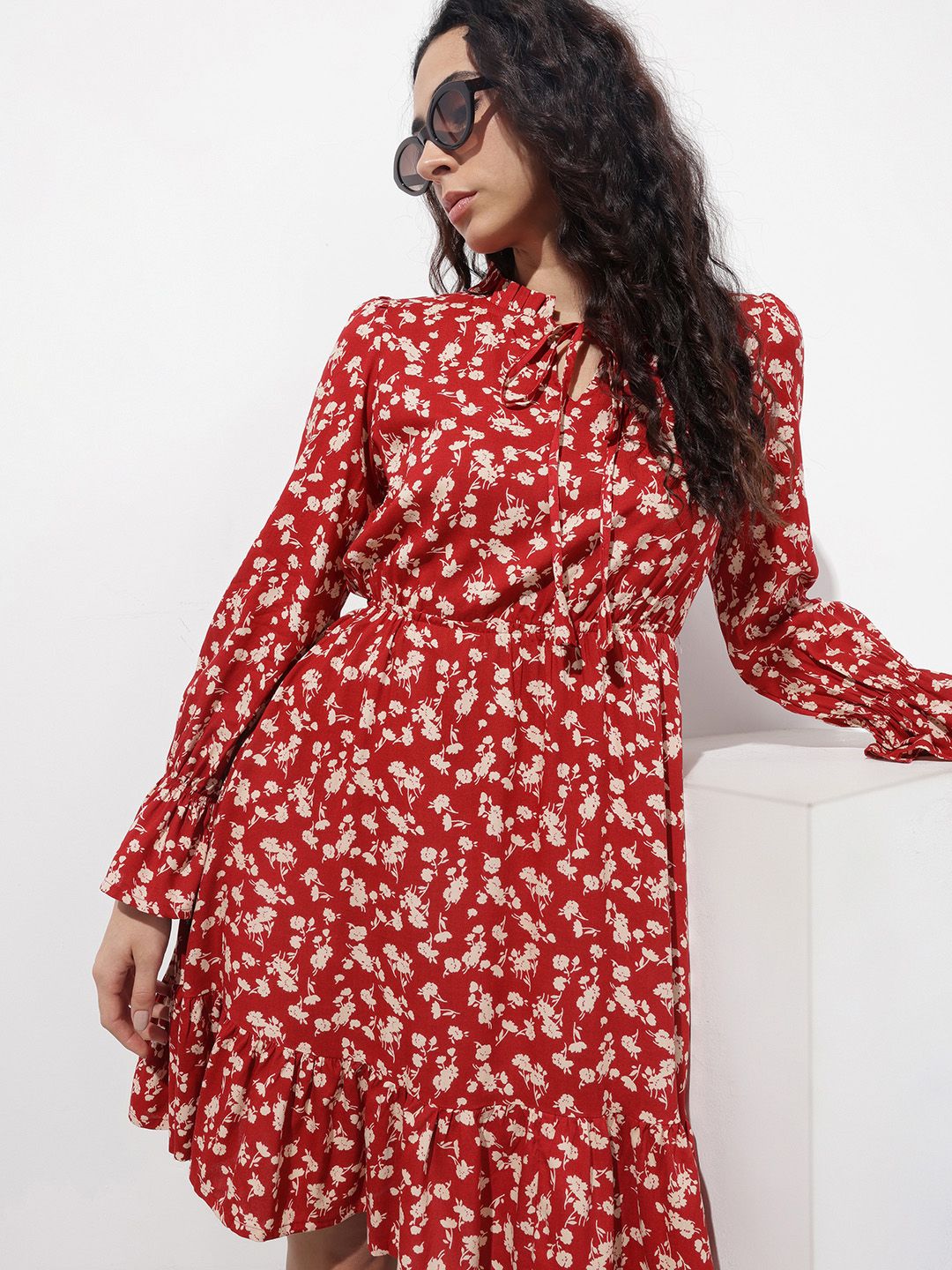 The Roadster Life Co. Floral Printed Gathers Bell Sleeve A-Line Dress With Tie-Ups-image-45