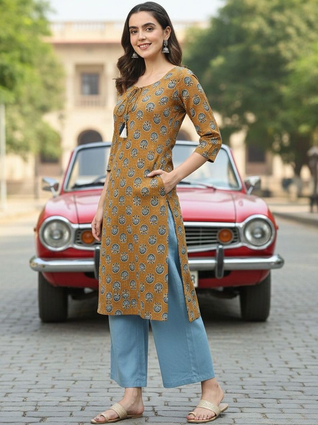Sangria Ethnic Motif Printed Cotton Round Neck Calf Length Straight Kurta-picture-13