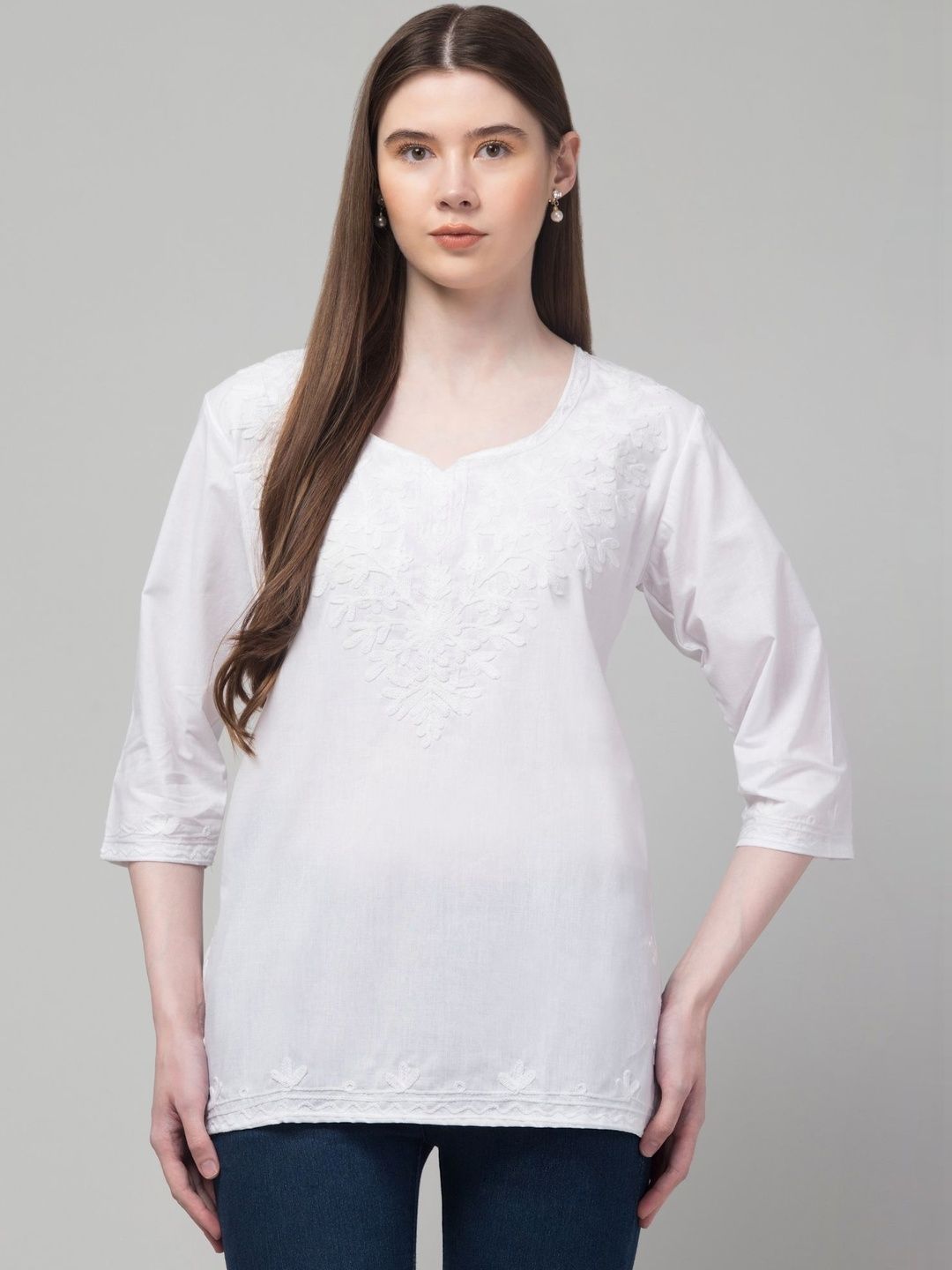 CROWN KING GARMENTS Ethnic Motifs Embroidered V-Neck Chikankari Pure Cotton Chikankari Kurti-picture-43