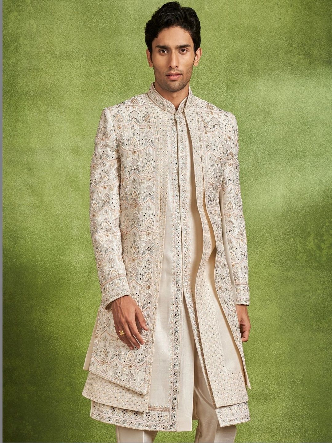 Twamev Embroidered Mandarin Collar Sherwani Set-image-39