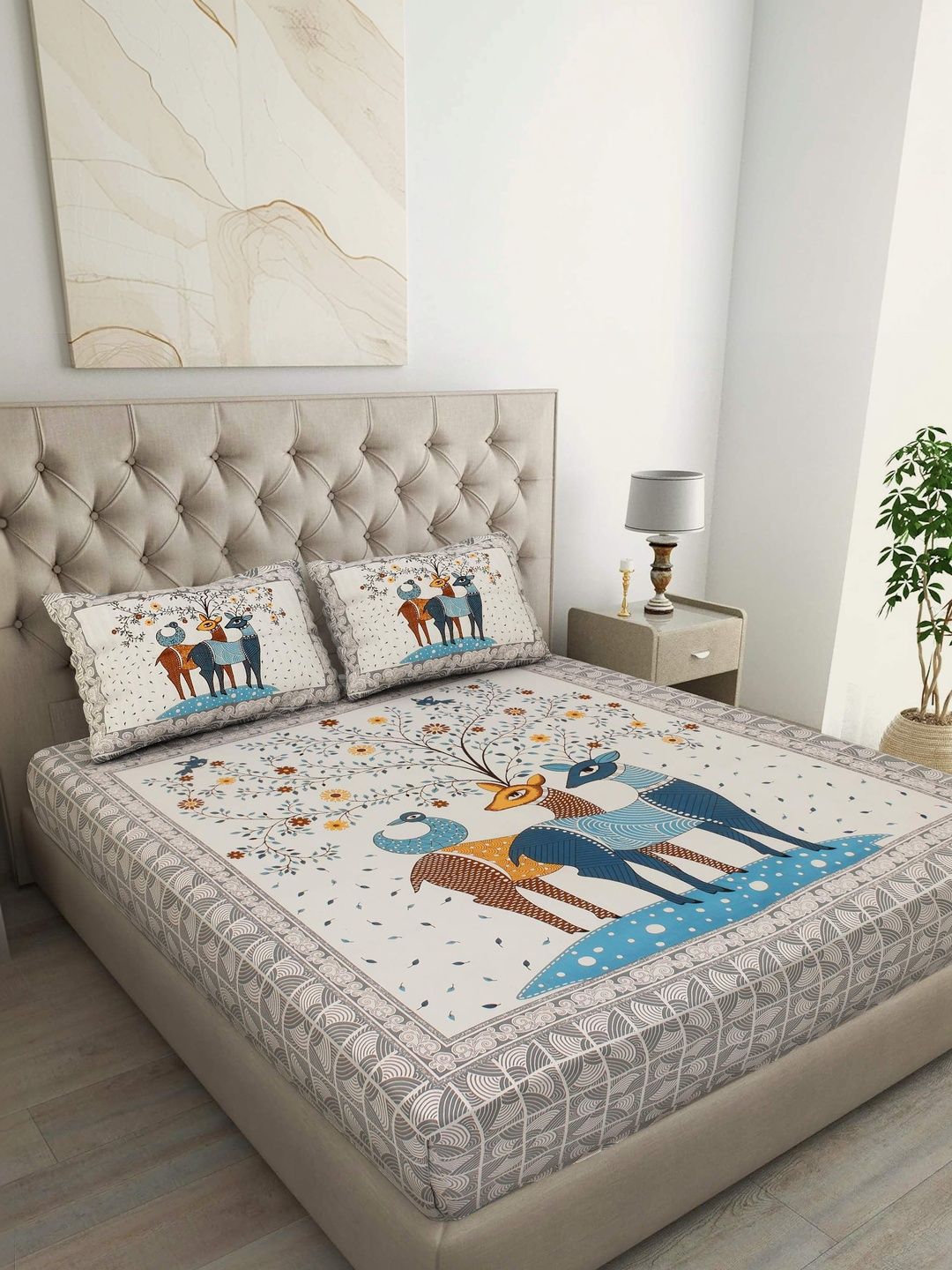 RRW Off White Ethnic Motifs 180 TC Bedsheet with 2 Pillow Covers-picture-36