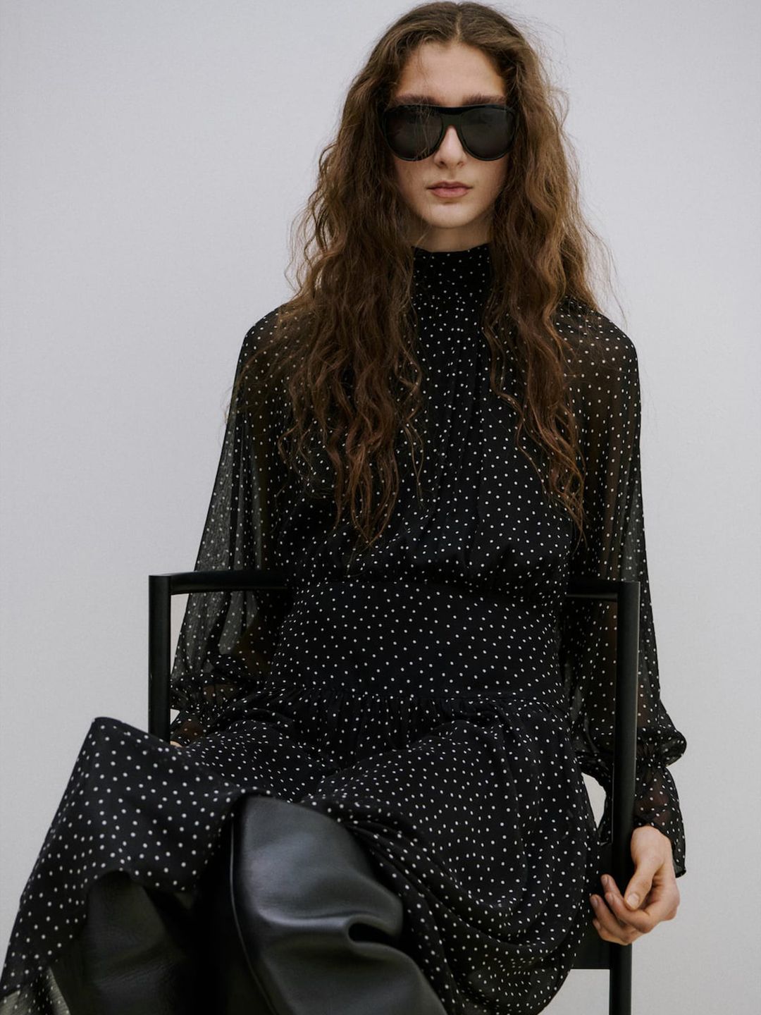 MANGO Polka Dots Printed Gathers High Neck Bell Sleeves A-Line Dress