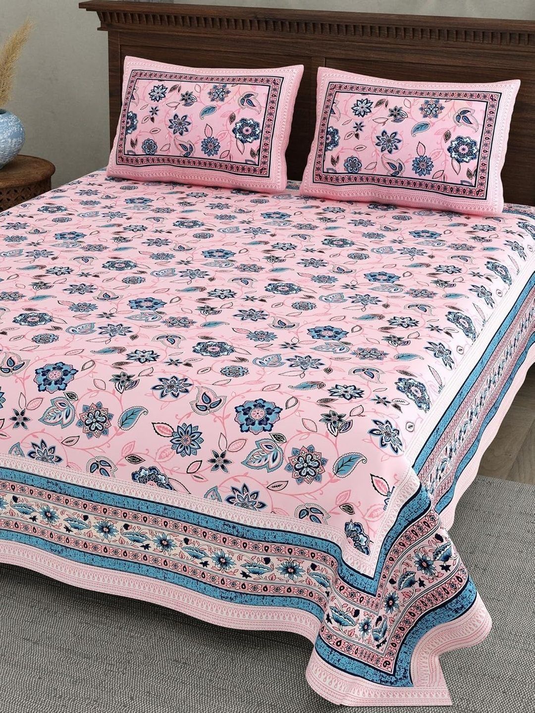 Maa Collection Pink Floral 180 TC King Bedsheet with 2 Pillow Covers-picture-12
