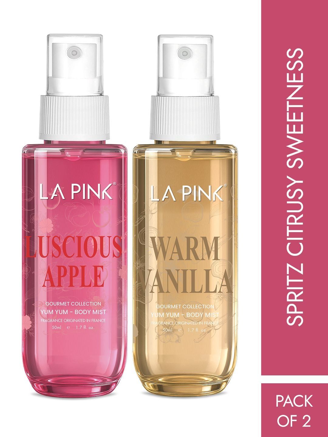 La Pink Set Of 2 Women Long Lasting Luscious Apple & Warm Vanilla Body Mist - 50 ml Each
