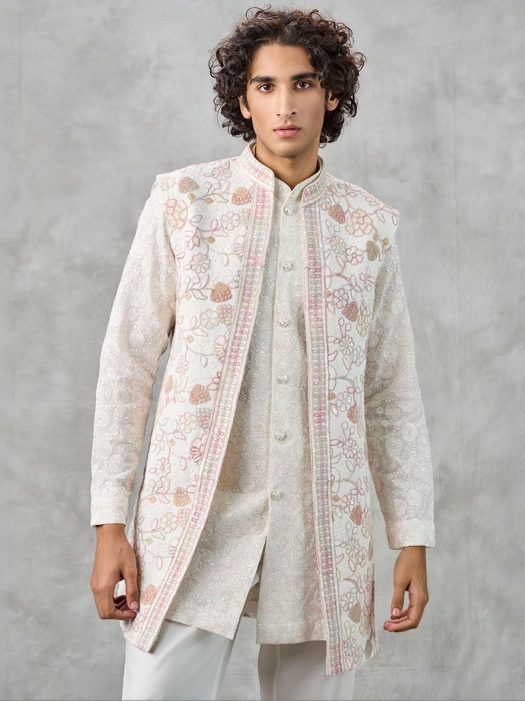 Twamev Men Floral Embroidered Regular Thread Work Kurta and Trousers with Jacket-picture-16
