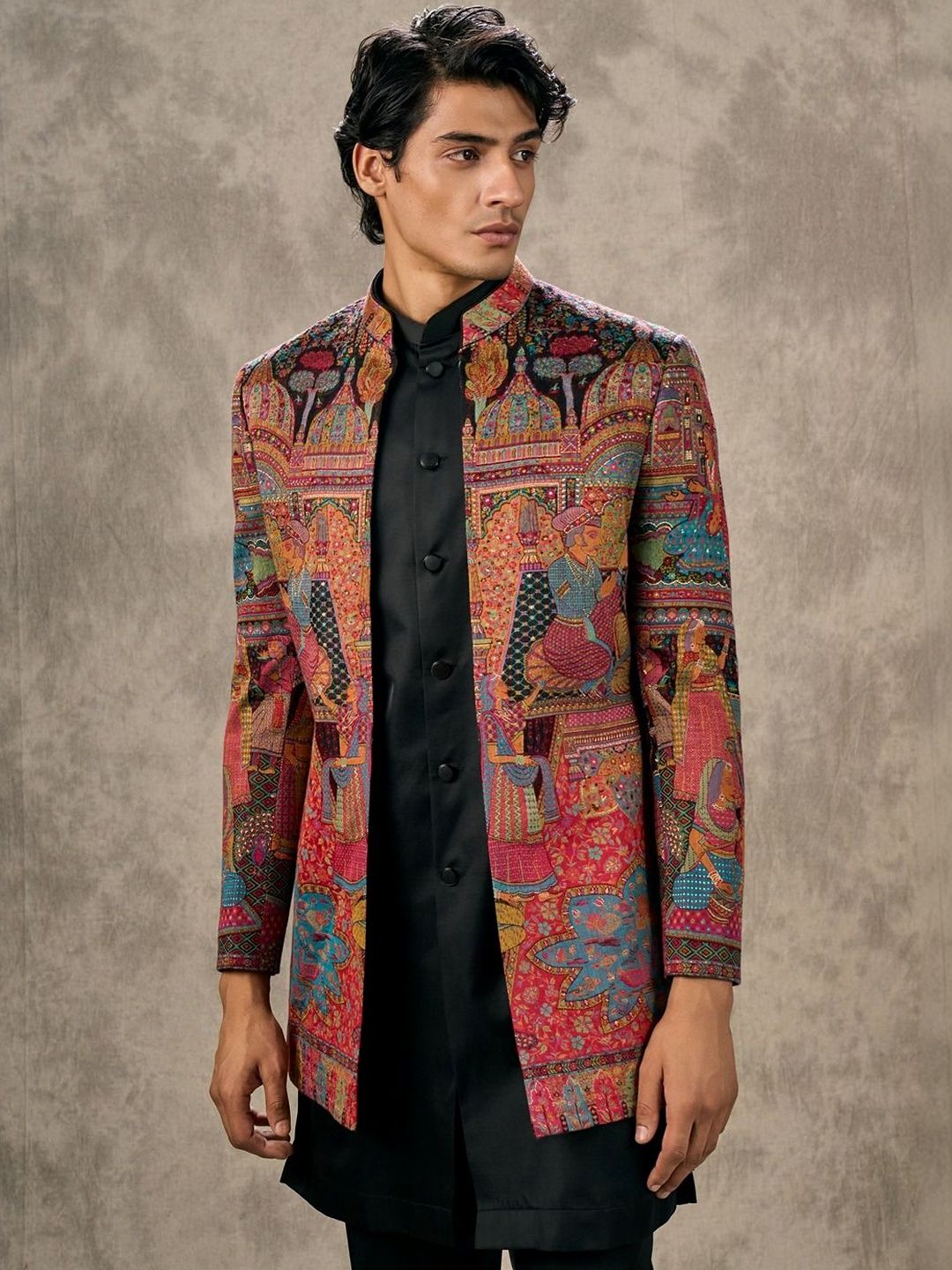 Twamev Men Printed Mandarin Collar Sherwani Set-image-48