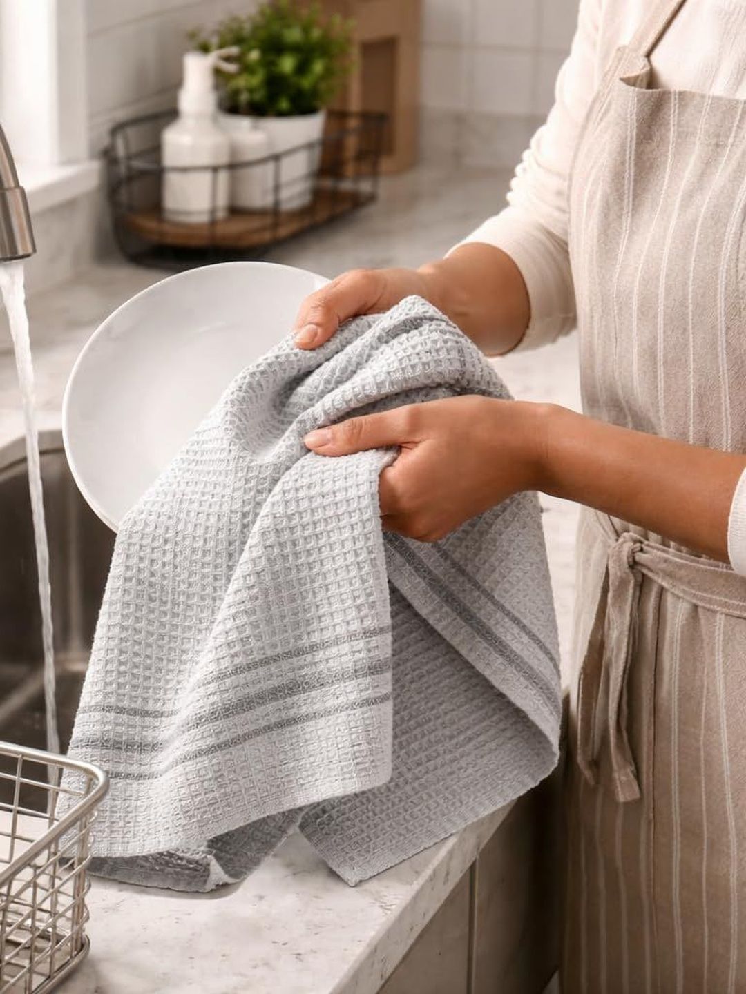 ZENSHA DECOR Grey Pure Waffle Weave Cotton 3-Pcs Kitchen Towels-picture-29
