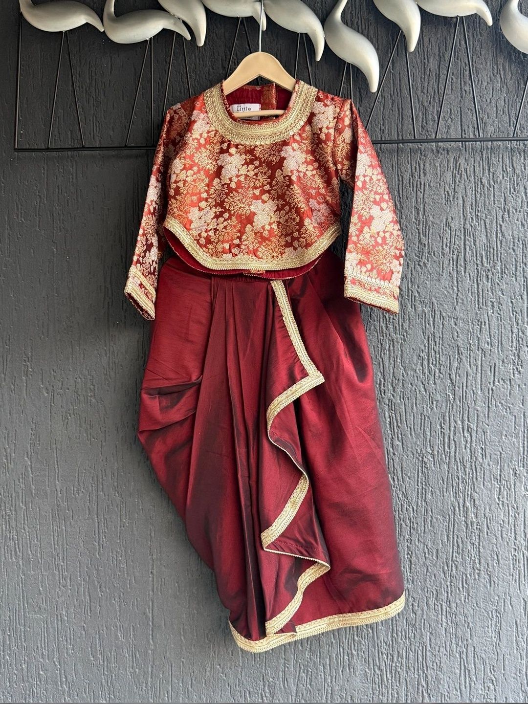 The Little Tales Girls Deep red brocade blouse with Drape skirt-picture-57