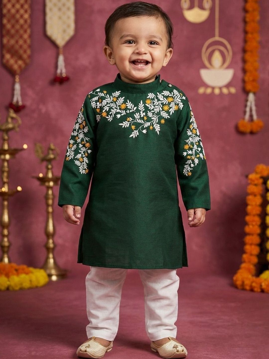 TAKE STYLE Boys Floral Embroidered Regular Thread Work Dupion Silk Kurta with Pyjamas-picture-54