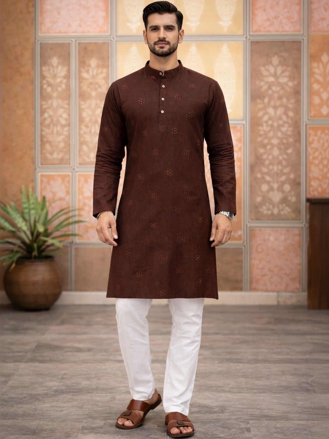 House of Pataudi Embroidered Mandarin Collar Knee Length Straight Kurta-picture-28
