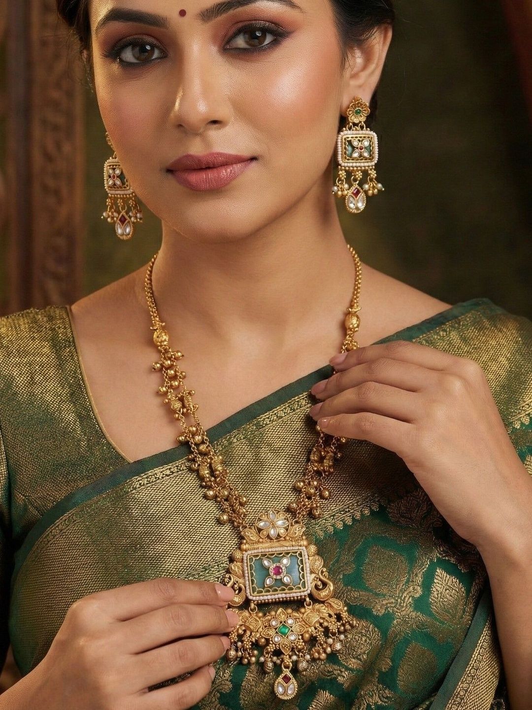 House of Pataudi Gold-Plated Temple Stone Studded & Beaded Necklace and Earrings-picture-38