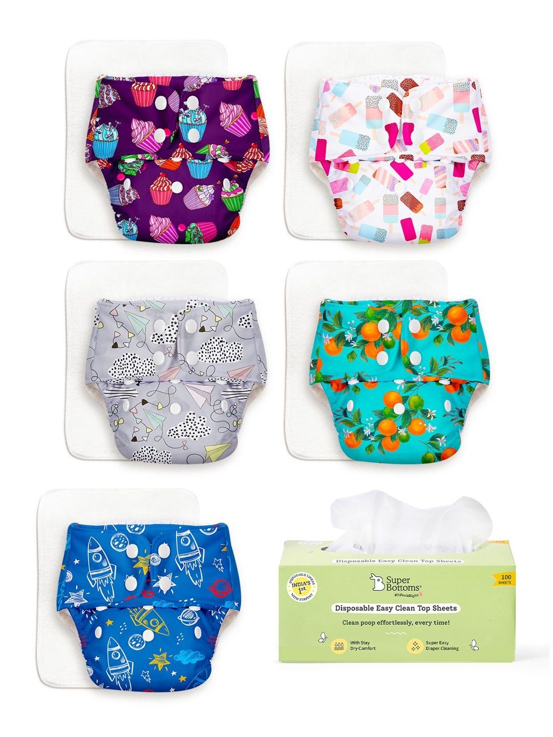 SuperBottoms Set Of 5 Basic Ultra Thin Pad Cloth Diaper & Disposable Top Sheets - 100Pcs-image-2