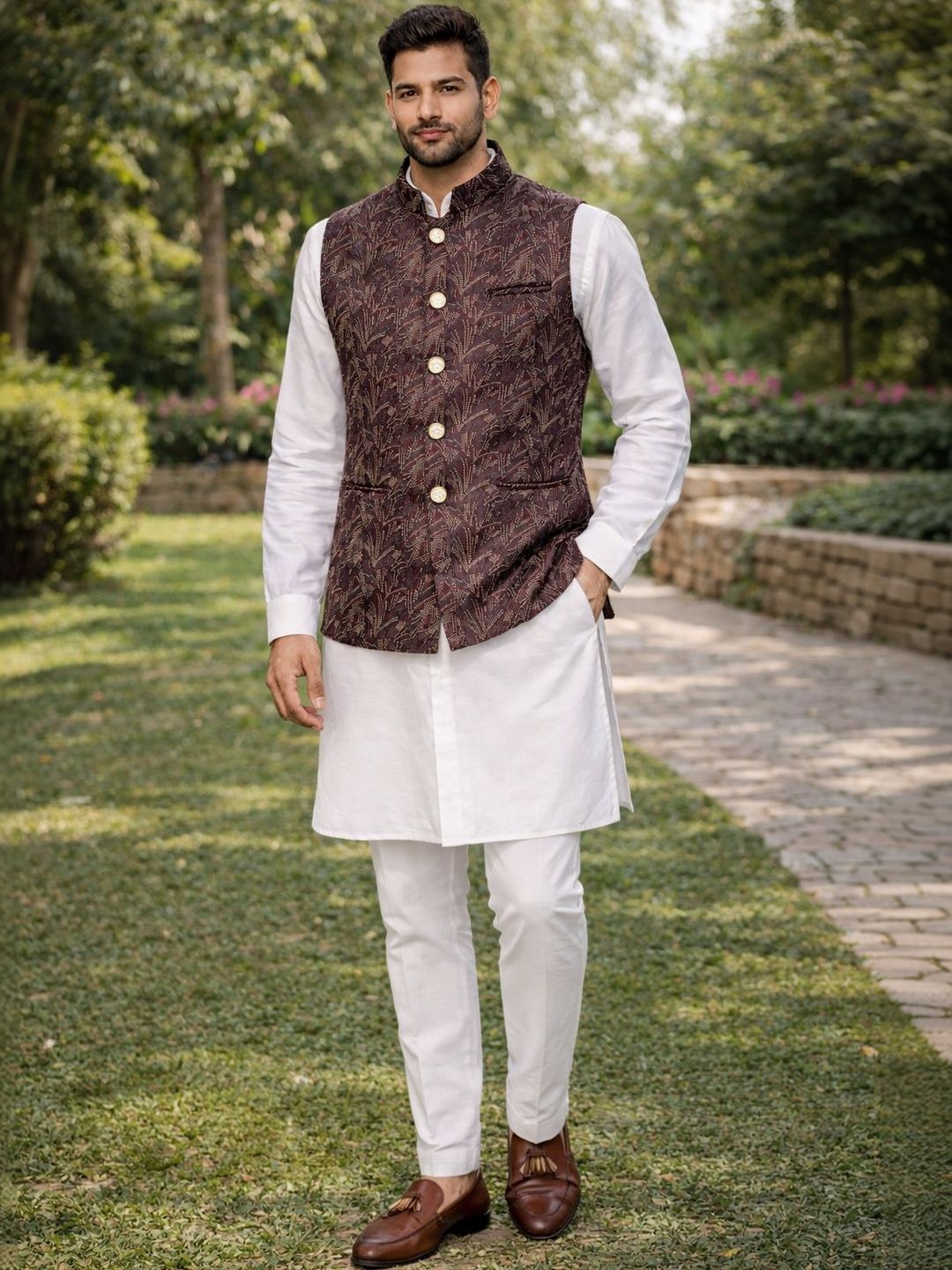 House of Pataudi Woven Design Woven Nehru Jackets-image-41