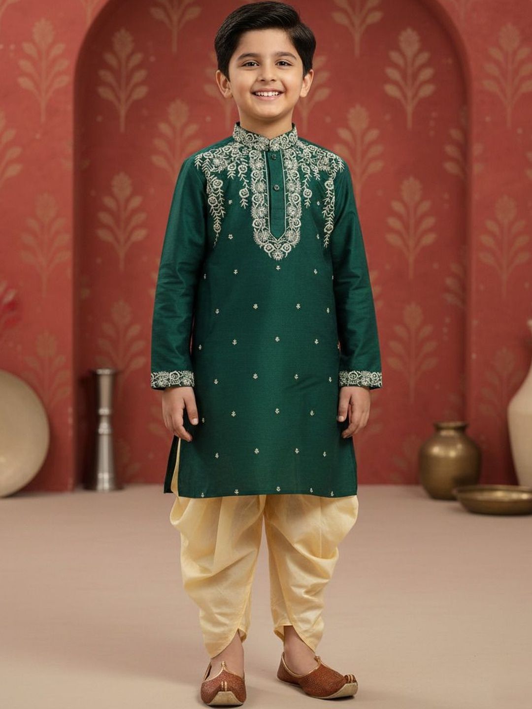 NFC CREATION Boys Ethnic Motifs Embroidered Regular Thread Work Dupion Silk Kurta with Dhoti Pants