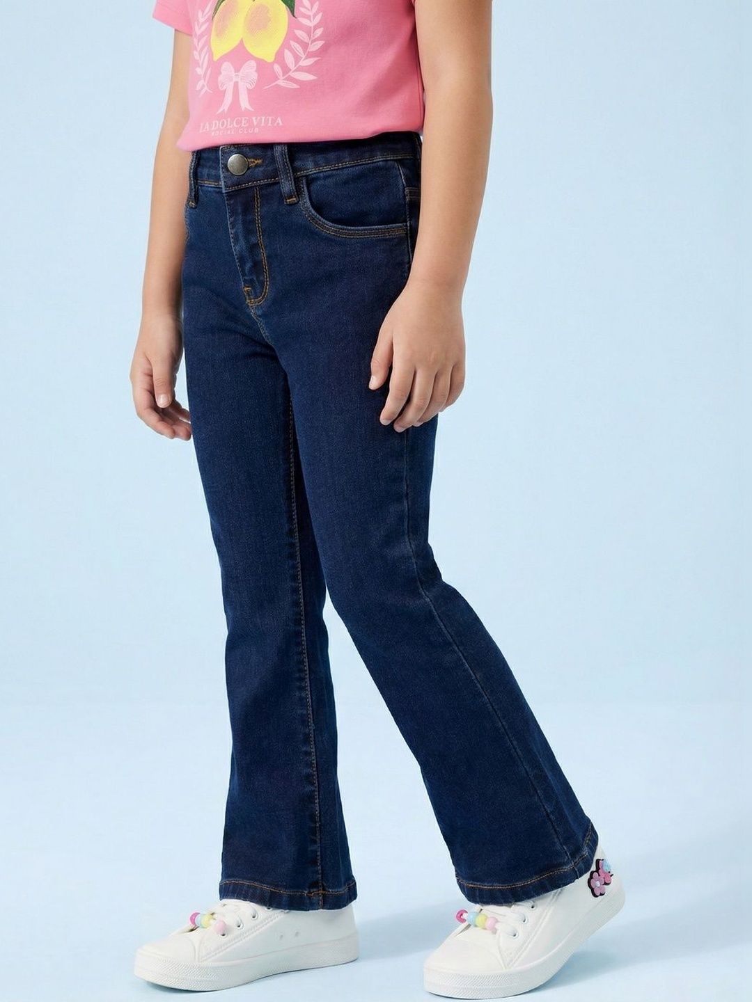 Nauti Nati Girls Regular Fit Mid-Rise Low Distress Light Fade Stretchable Jeans