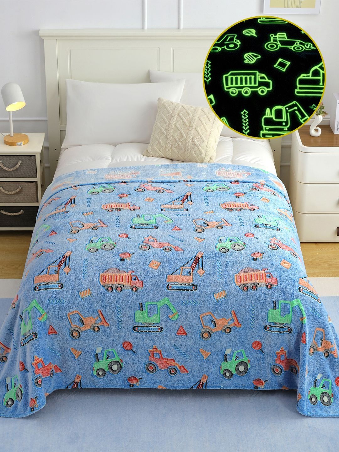 Story@home Kids Light Blue Glow In Dark Construction Single Bed 300 GSM Blanket-image-21
