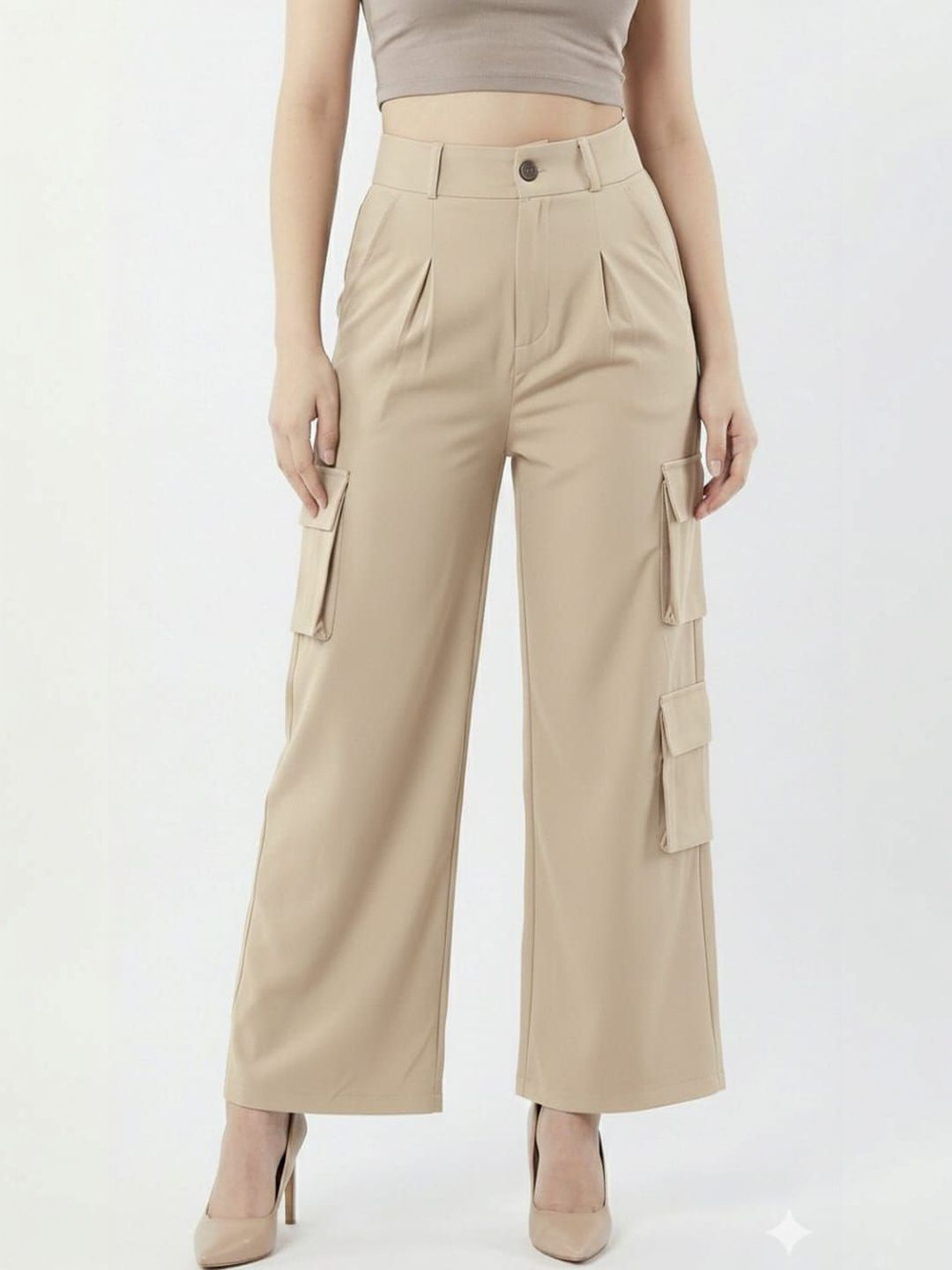 HIGH BUY Women High-Rise Pleated Cargos Trousers-image-6
