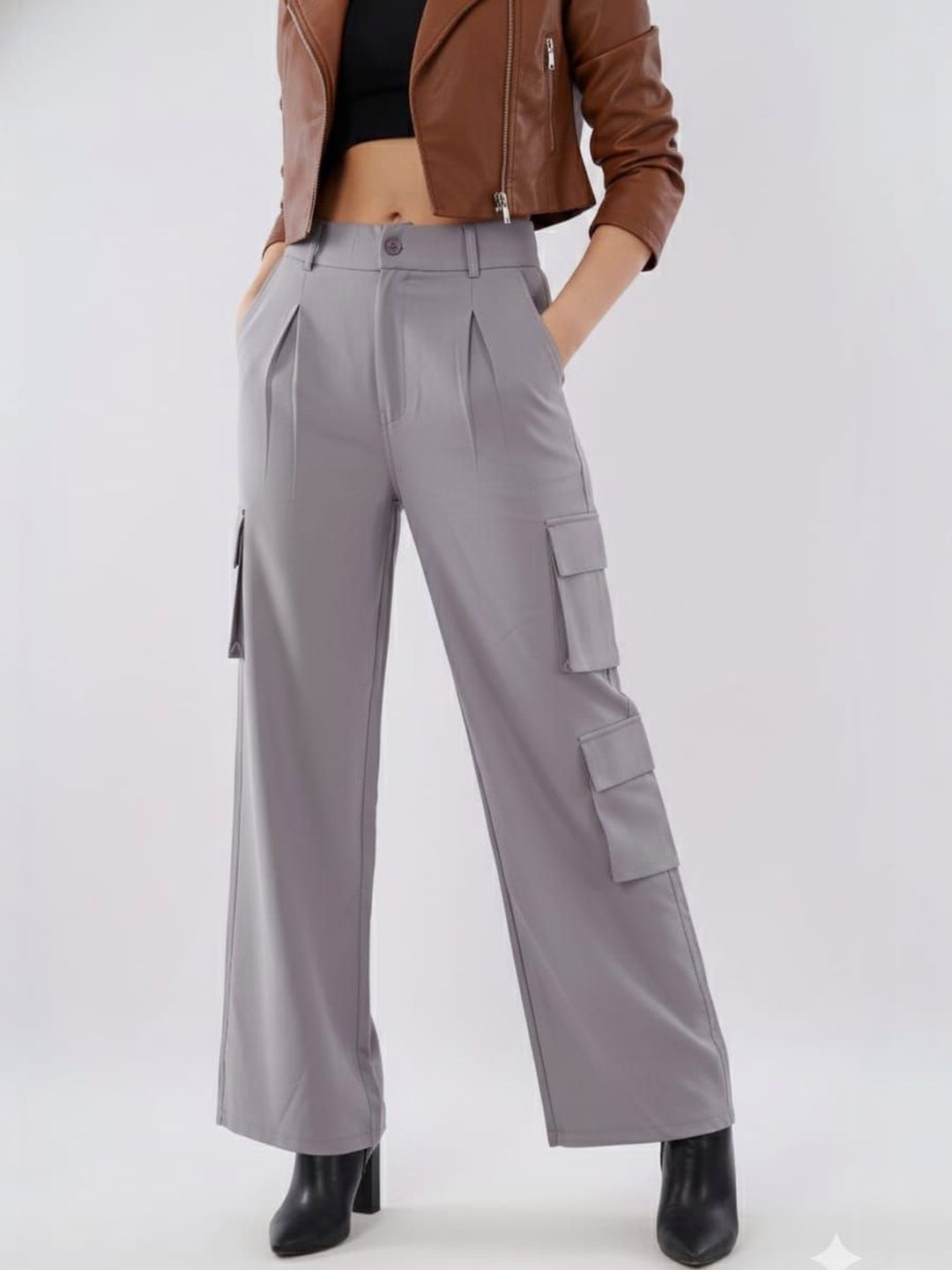 HIGH BUY Women High-Rise Pleated Cargos Trousers-picture-55