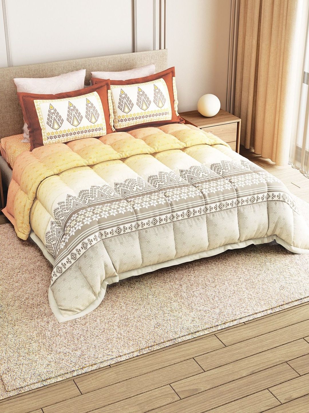 LABHAM Orange Geometric Printed Cotton 4 Piece Double King Superfine Bedding Set-image-4