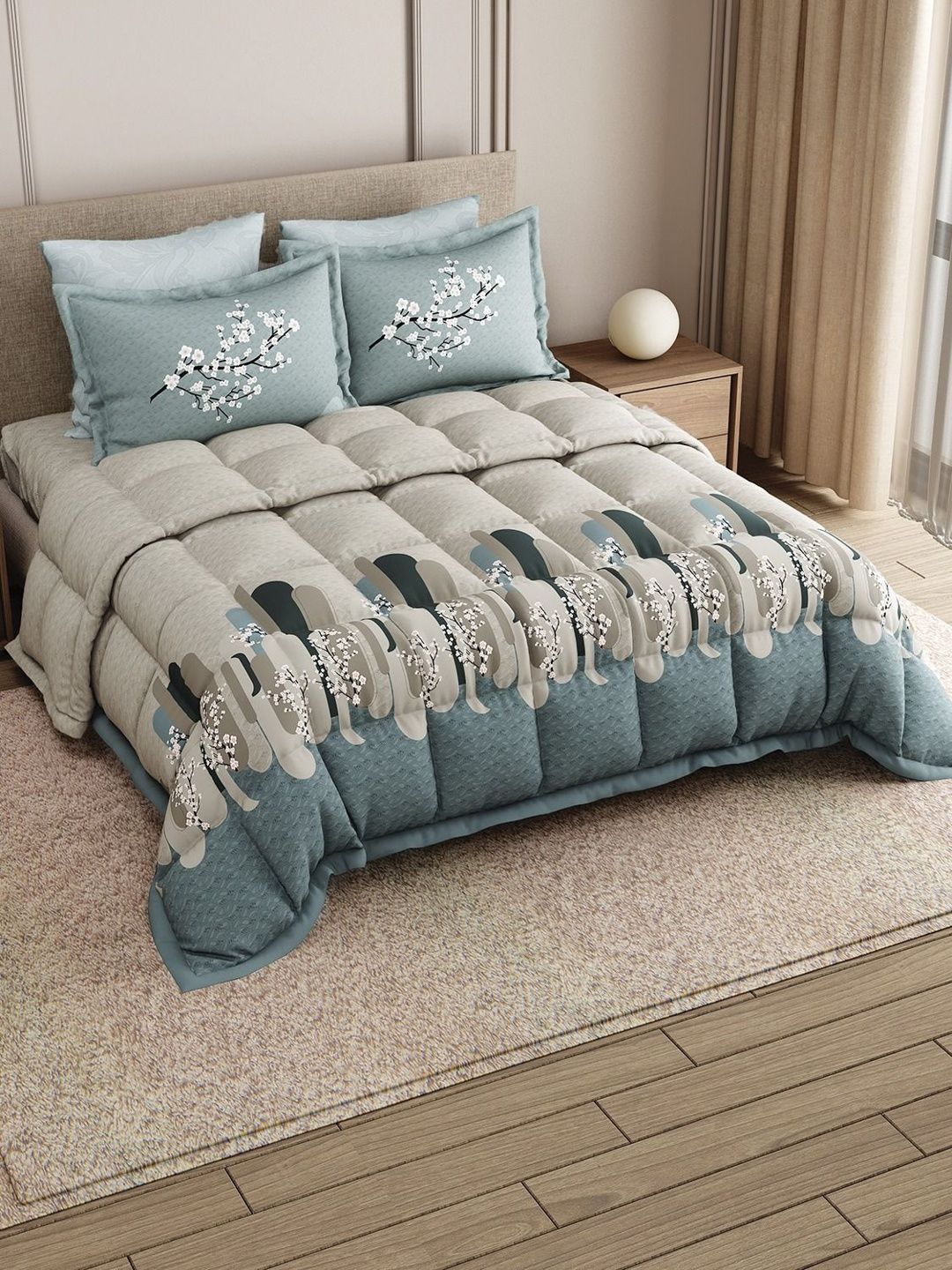 LABHAM Blue & Grey Floral Printed Cotton 4 Piece Double King Superfine Bedding Set-image-36