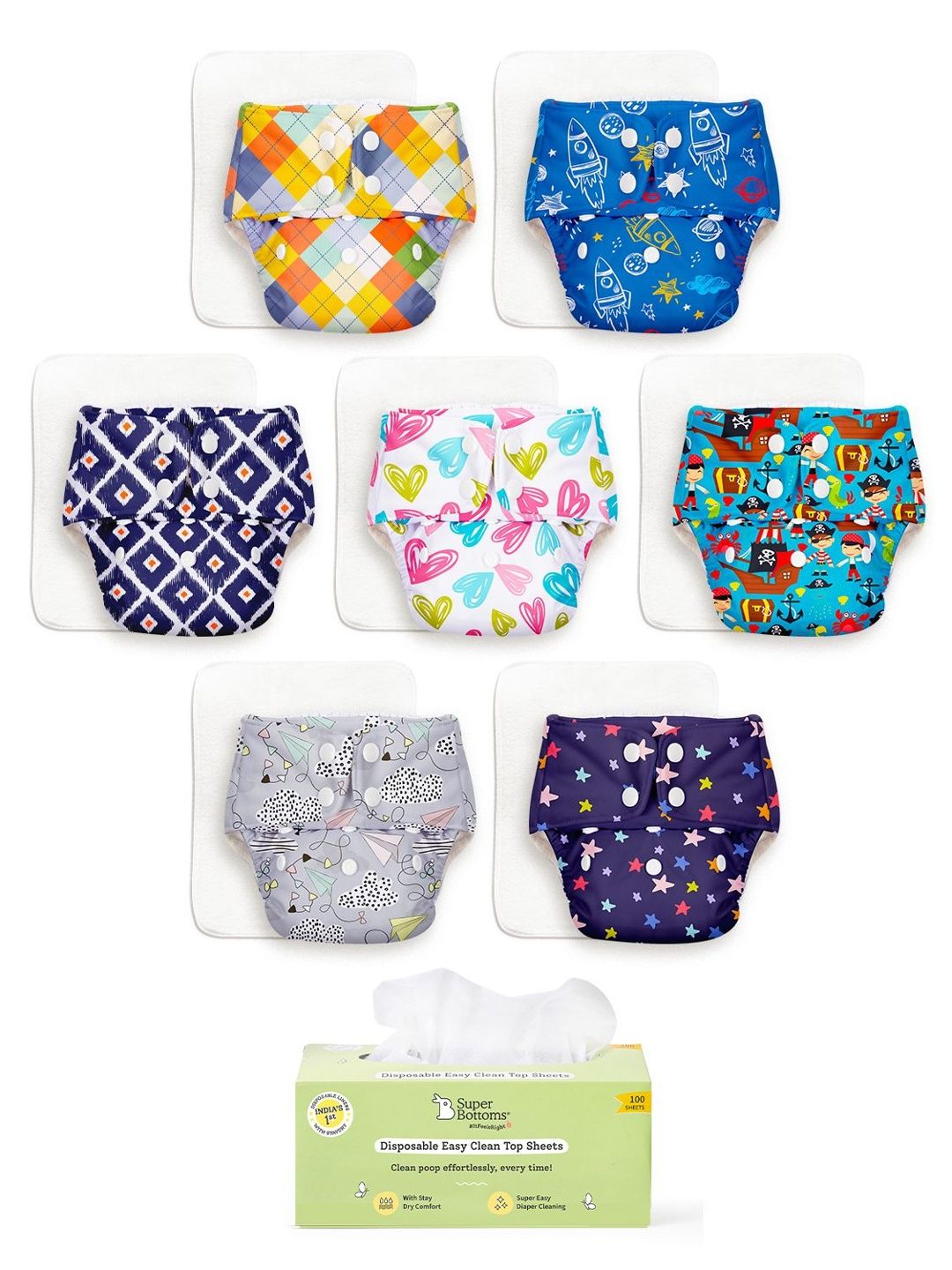 SuperBottoms Set Of 7 Cloth Diaper With Ultra Thin Pads & Disposable Top Sheets -100 Pcs-picture-10