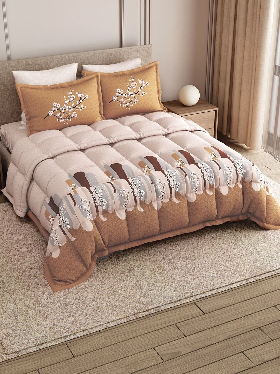 LABHAM Orange & Brown Floral Cotton 4 Piece Double King Superfine Bedding Set-image-1