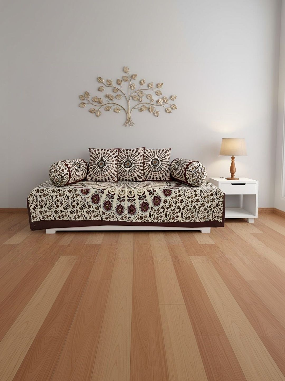 INDHOME LIFE Beige & Brown Floral Printed Cotton 6-Pcs Diwan Set