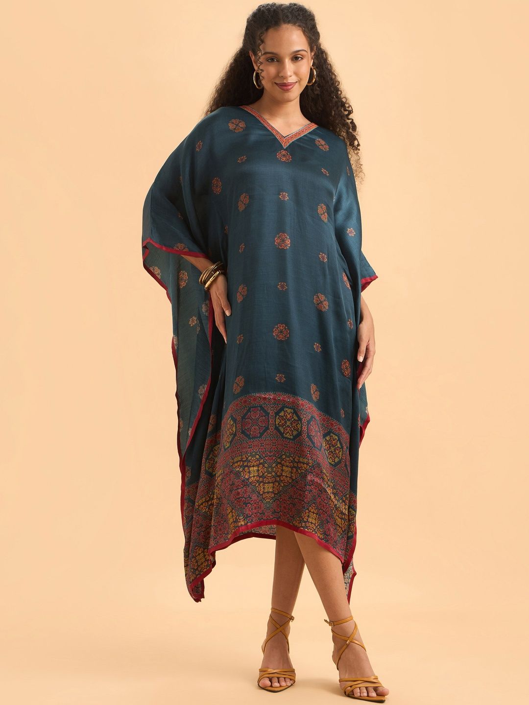 Vismay Ethnic Motifs Printed V-Neck Modal Blend Kaftan Kurti-picture-56