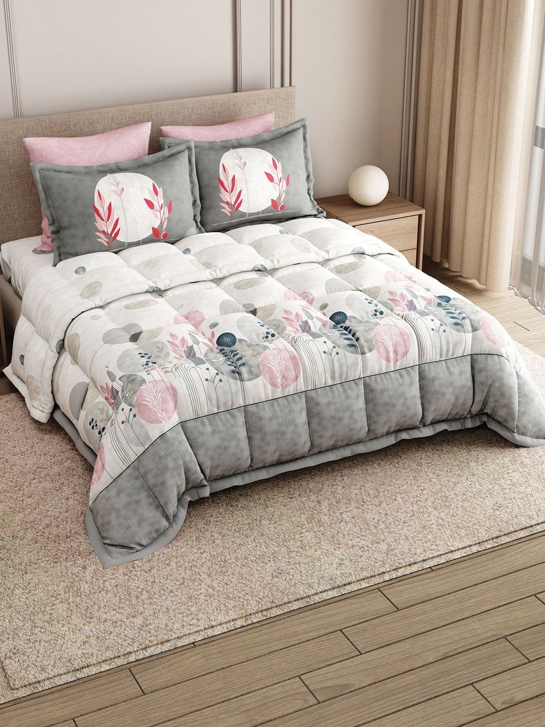 LABHAM Grey & Pink Floral Printed Cotton 4 Piece Double King Superfine Bedding Set-image-20