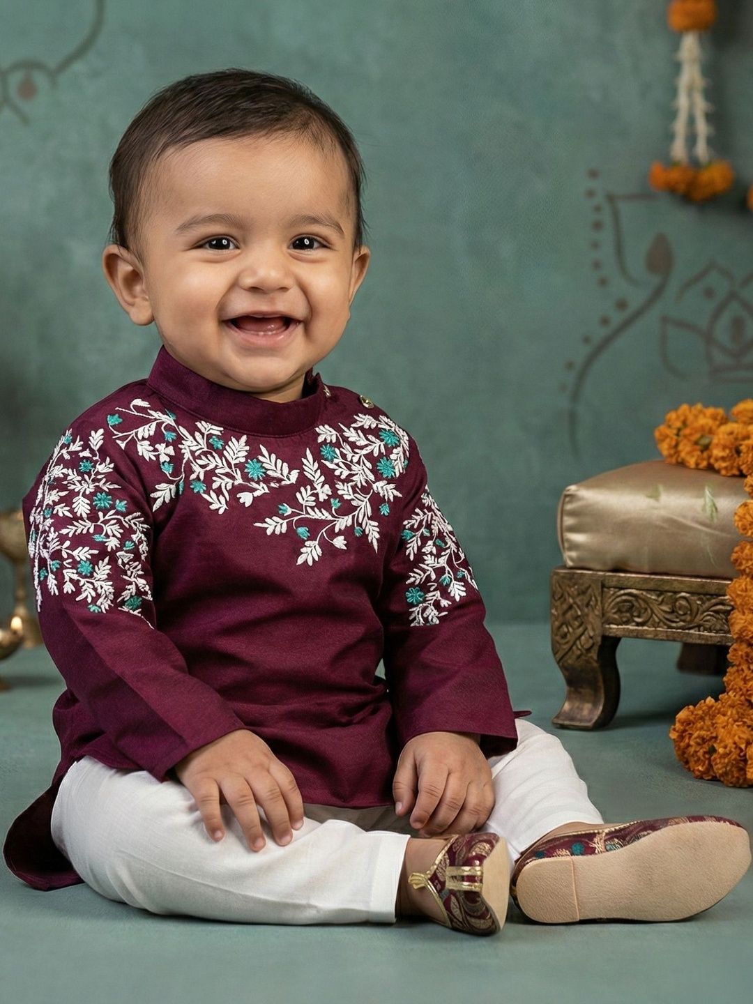 Cae Boys Ethnic Motifs Embroidered Regular Thread Work Dupion Silk Kurta with Pyjamas-image-2