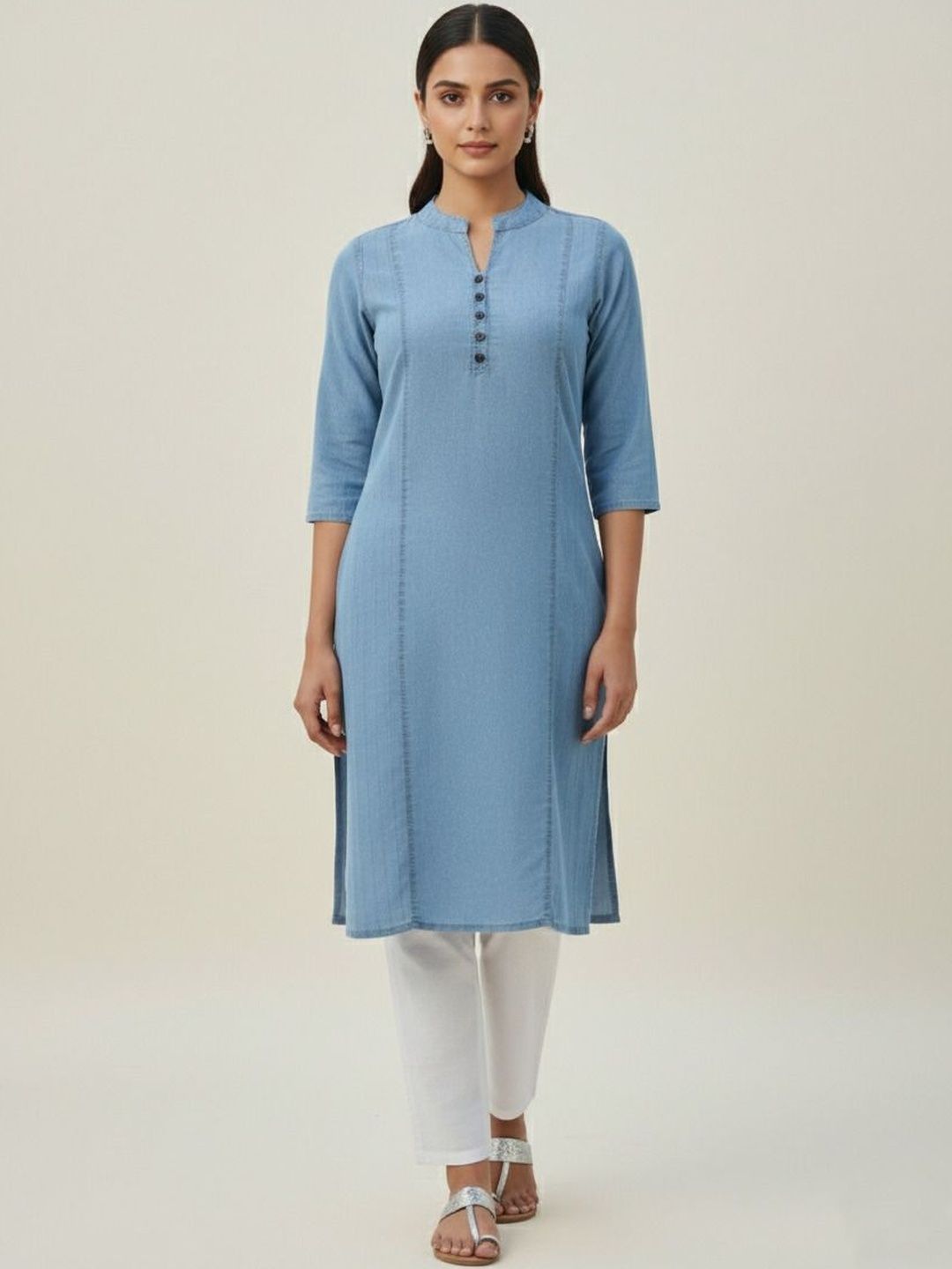 SK Creation Shirt Collar Thread Work Pure Cotton Blend Denim Thread Work Kurti-image-4