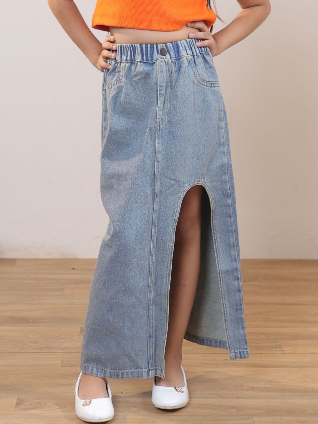 SHORGUL Girls Denim Front Slit Maxi A-Line Skirt-image-24