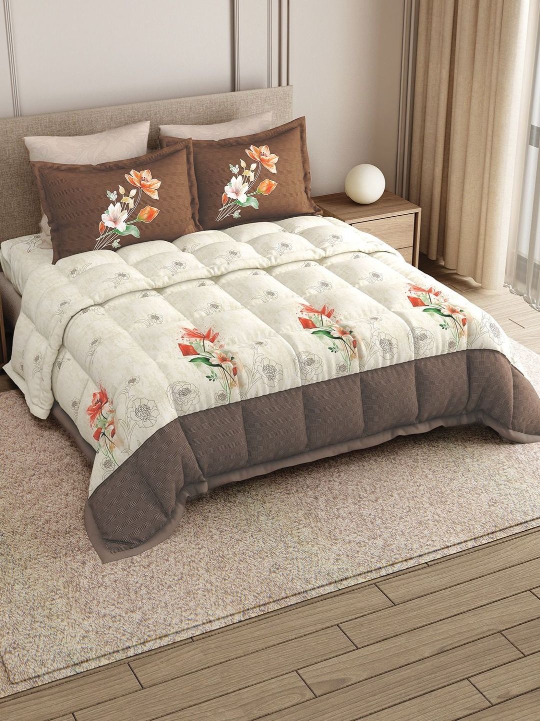 LABHAM Brown & Cream-Coloured Ethnic Motifs Cotton 4 Piece Double King Superfine Bedding Set-image-16