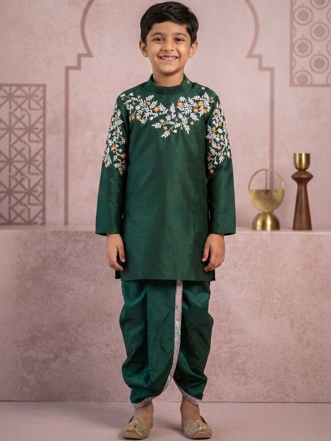 NFC CREATION Boys Floral Printed Regular Dupion Silk Kurta with Dhoti Pants-picture-20