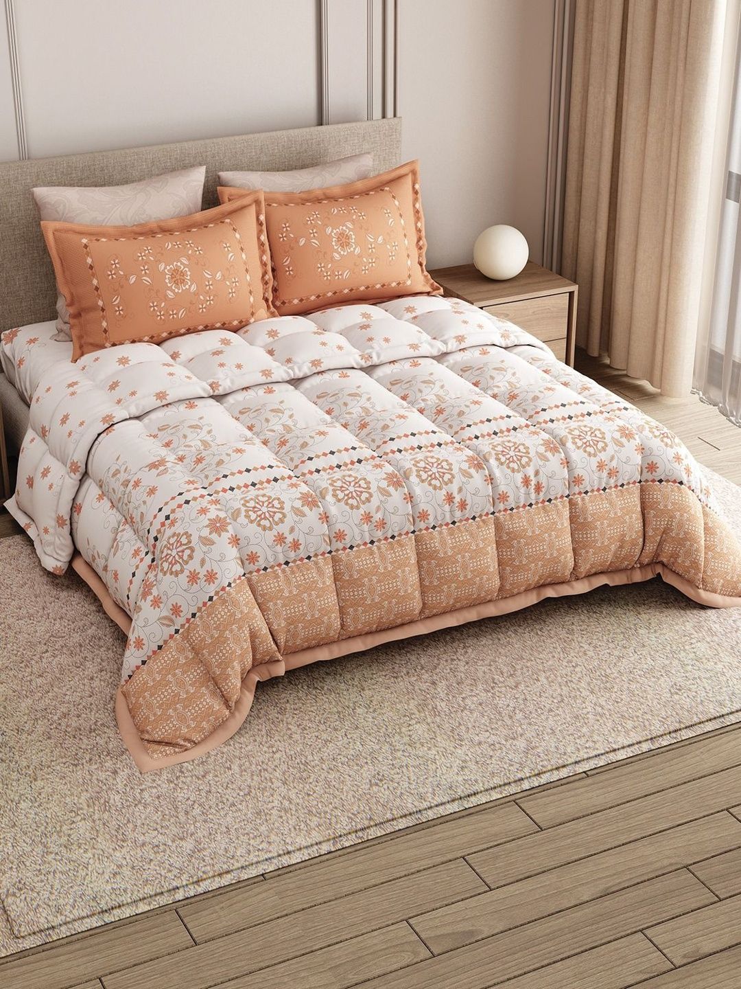 LABHAM Orange Floral Printed Cotton 4 Piece Double King Superfine Bedding Set-image-6
