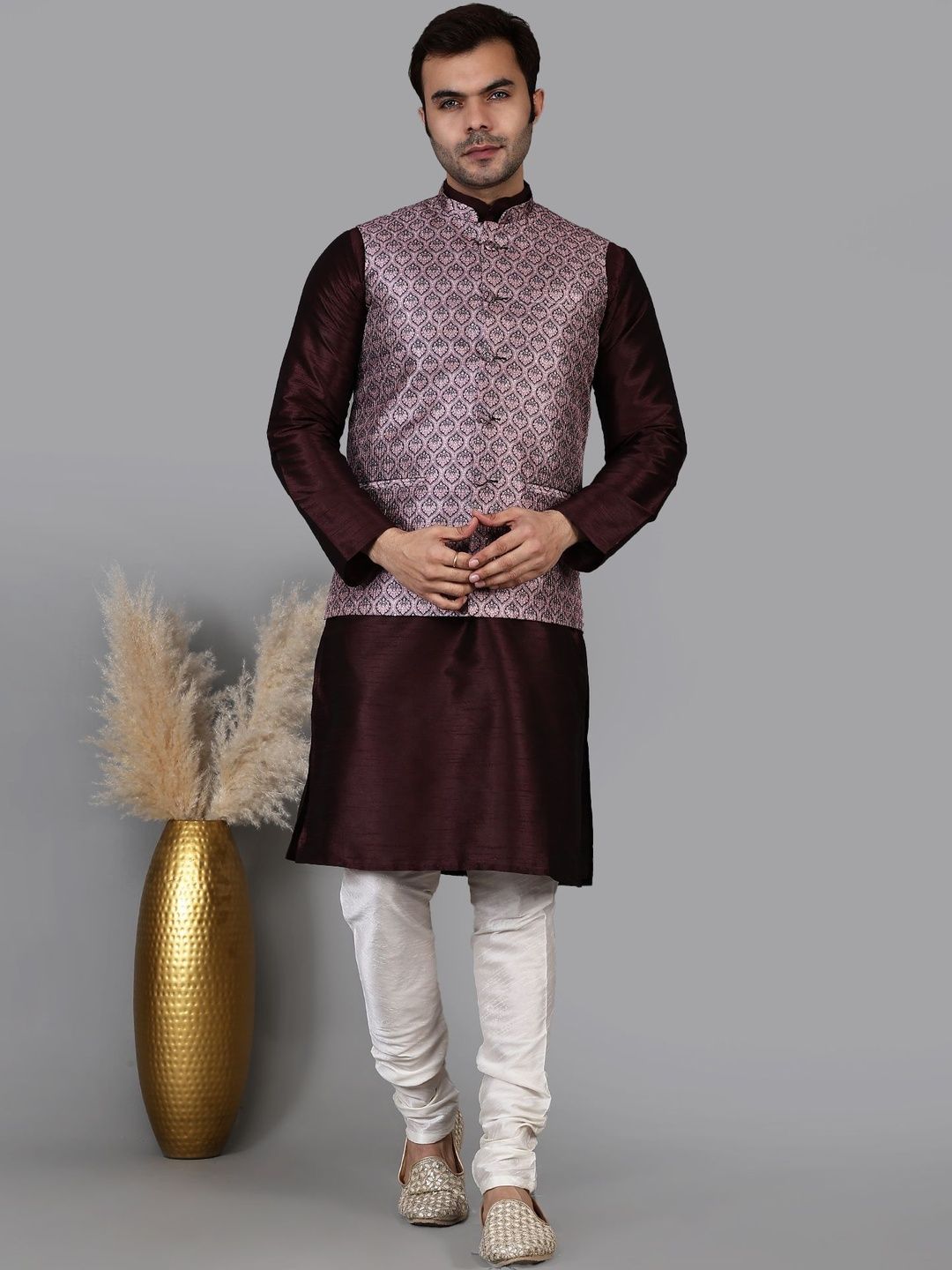 PulseIQ Men Ethnic Motifs Regular Dupion Silk Kurta with Churidar-picture-36