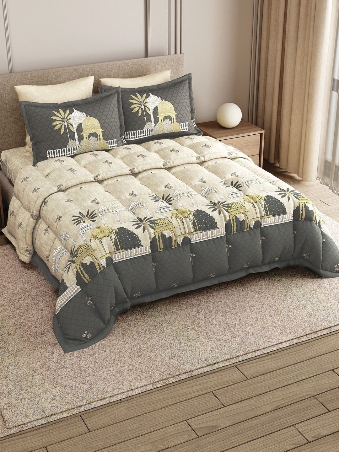 LABHAM Grey Ethnic Motifs Printed Cotton 4 Piece Double King Superfine Bedding Set-image-17