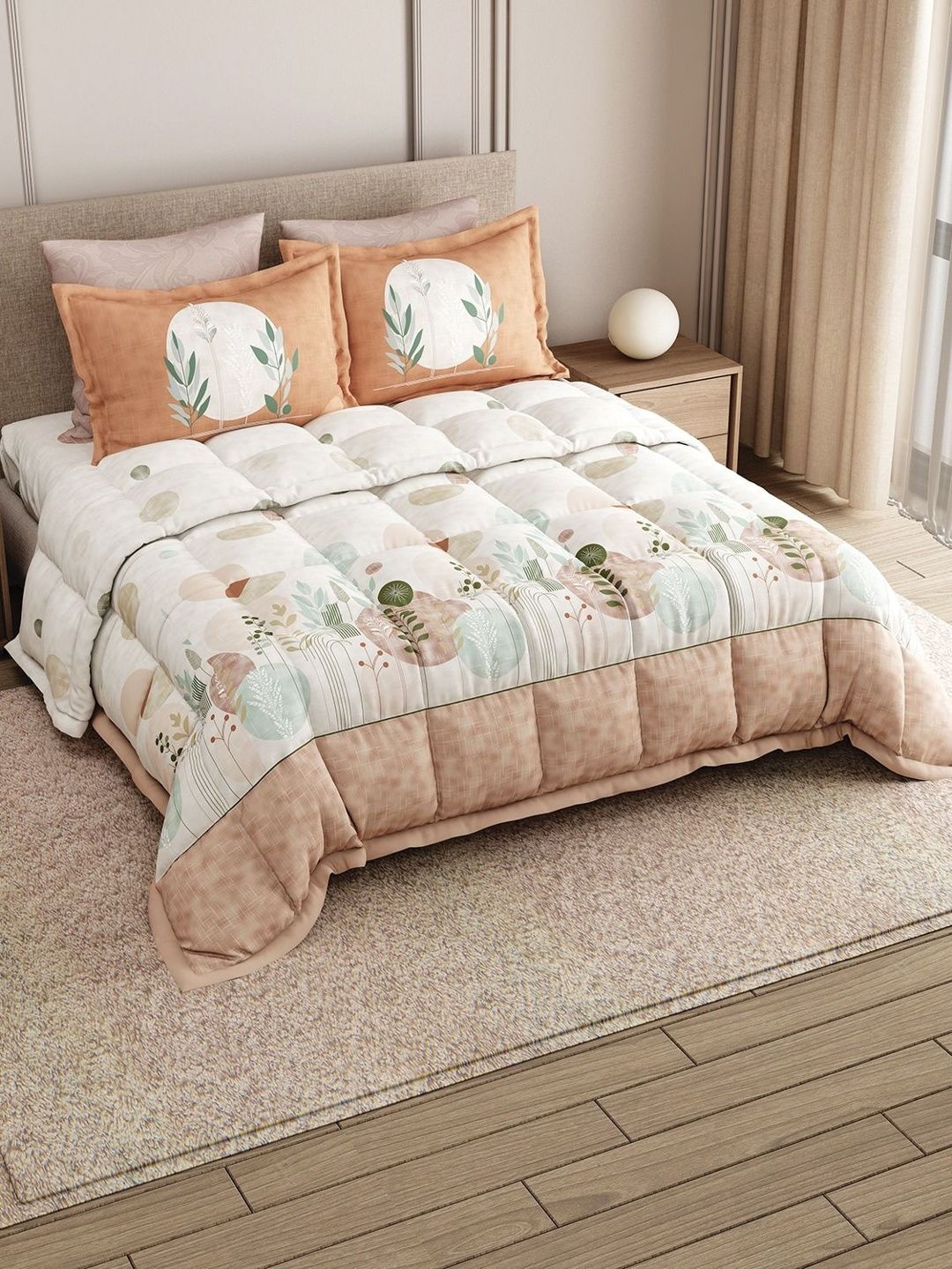 LABHAM Orange & White Floral Printed Cotton 4 Piece Double King Superfine Bedding Set-image-5