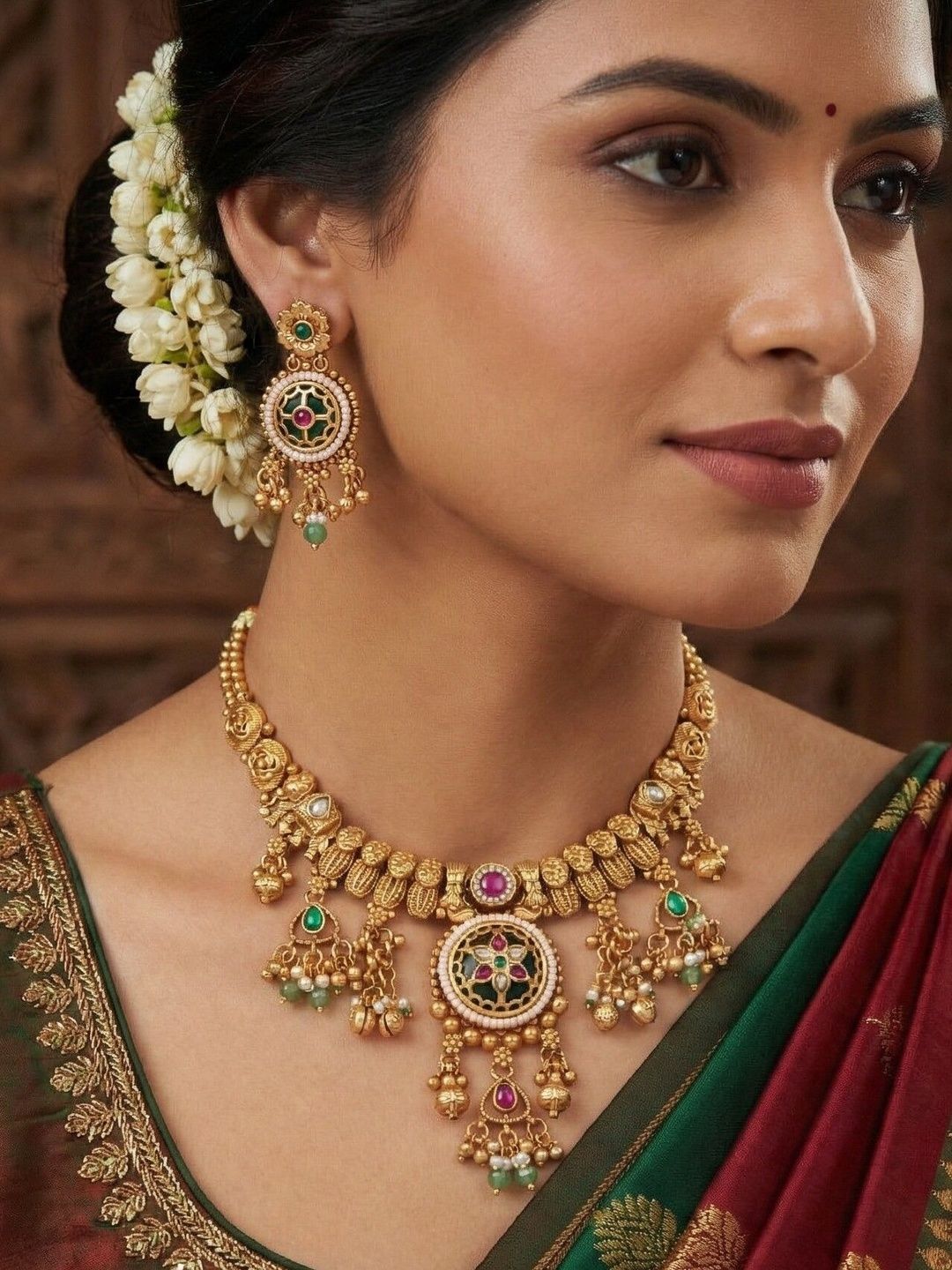 House of Pataudi Gold-Plated Choker Stone Studded & Beaded Necklace and Earrings-picture-53