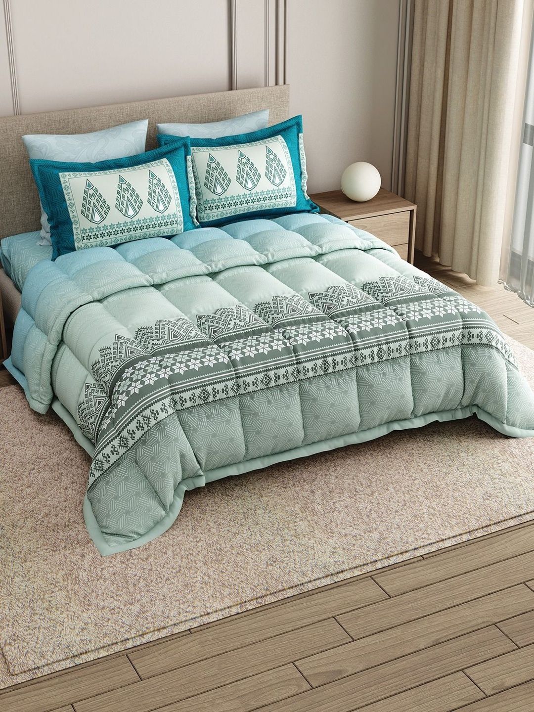 LABHAM Teal & White Geometric Printed Cotton 4 Piece Double King Superfine Bedding Set-image-43