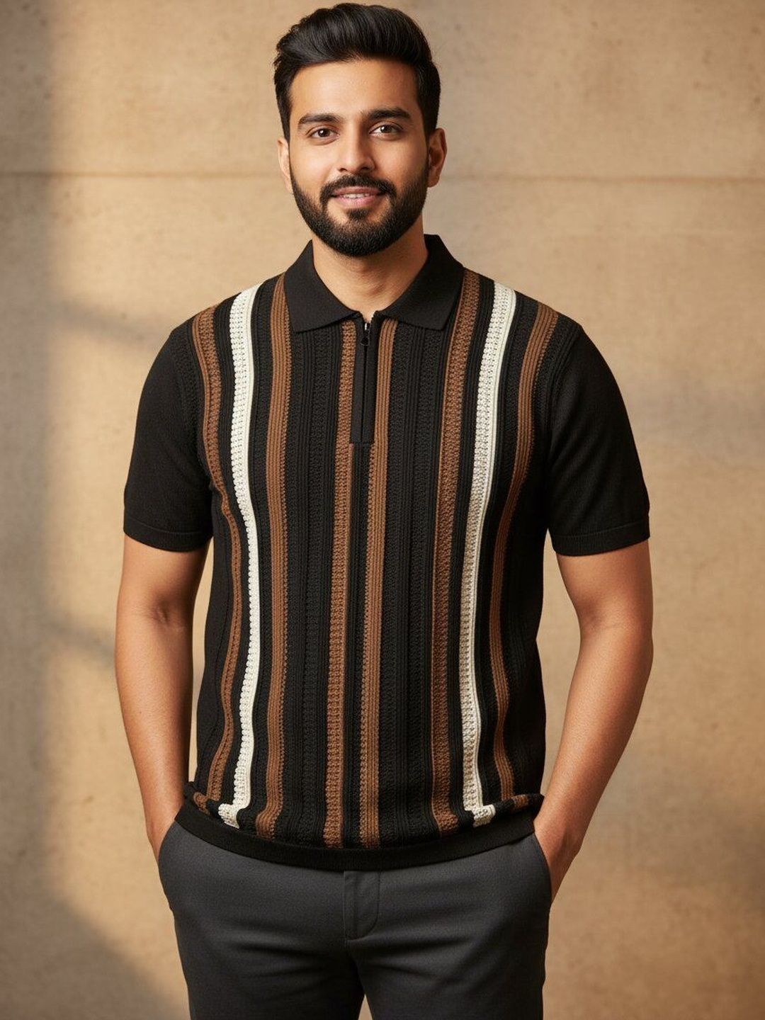 The Roadster Lifestyle Co Striped Pure Cotton Polo Collar Tshirt