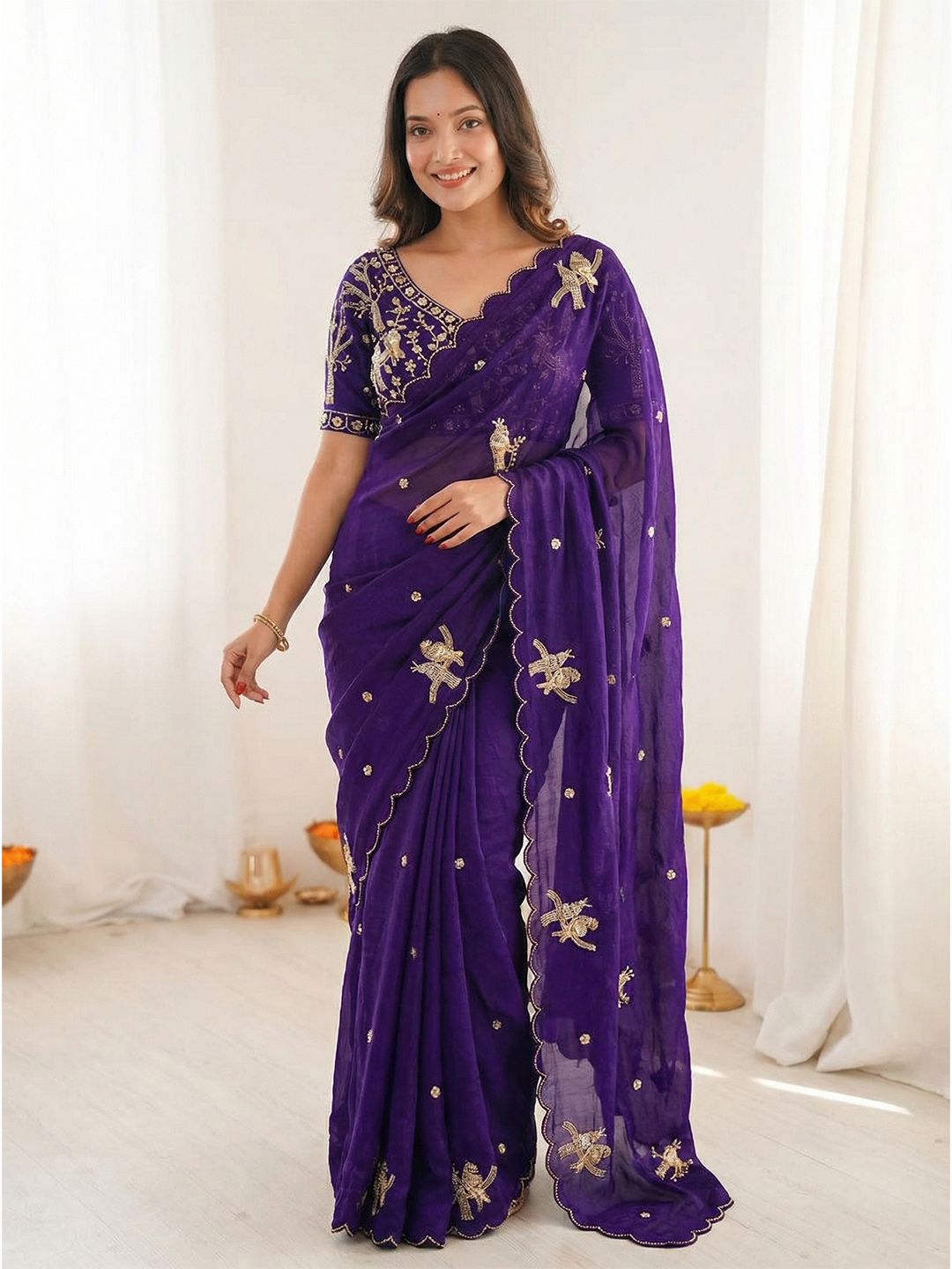 Kalista Ethnic Motifs Embroidered Satin Heavy Work Saree