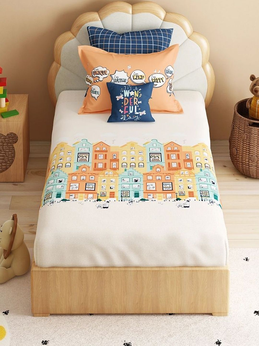 MYTRIDENT White Conversational 144 TC Single Bedsheet with 1 Pillow Covers-image-4