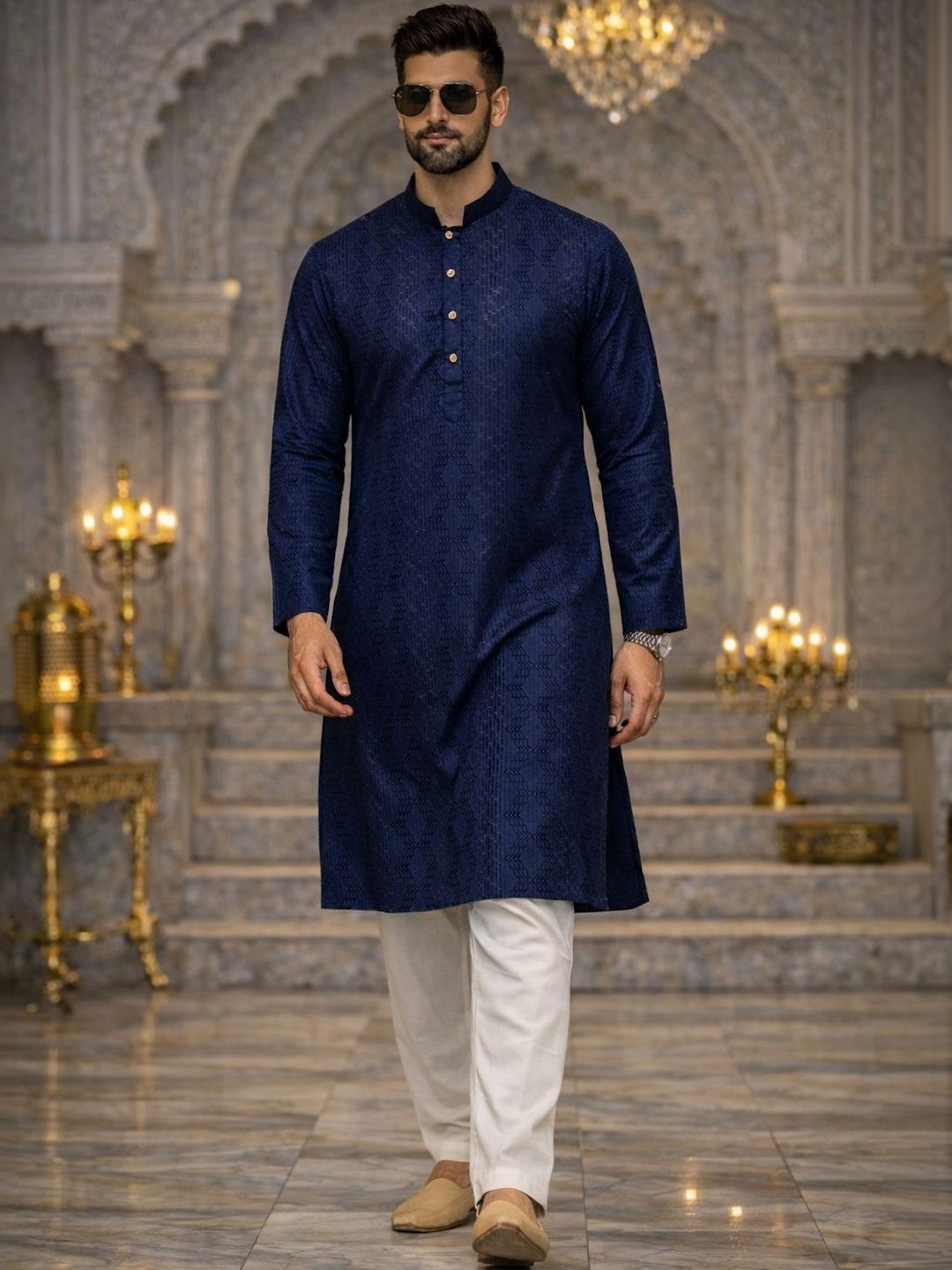 House of Pataudi Embroidered Mandarin Collar Knee Length Straight Kurta