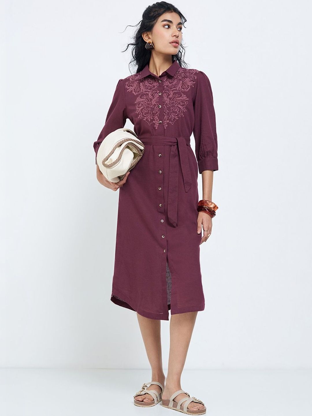 AKKRITI BY PANTALOONS Embroidered Shirt Midi Dress-picture-38