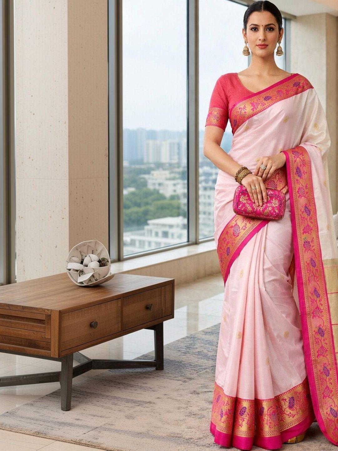 H B CREATION Ethnic Motifs Zari Silk Cotton Paithani Saree-image-8