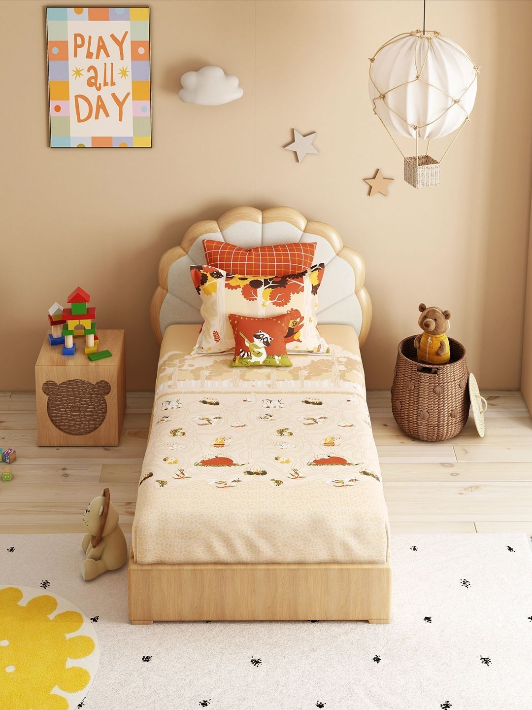 MYTRIDENT Cream-Coloured Conversational 144 TC Single Bedsheet with 2 Pillow Covers-picture-35