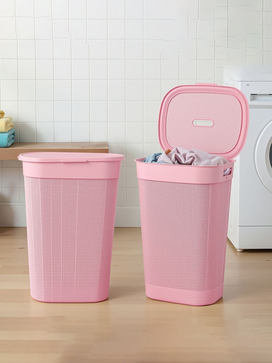Kuber Industries 2Pcs Pink Laundry Basket with Lid & Handle - 55 L Each-image-13
