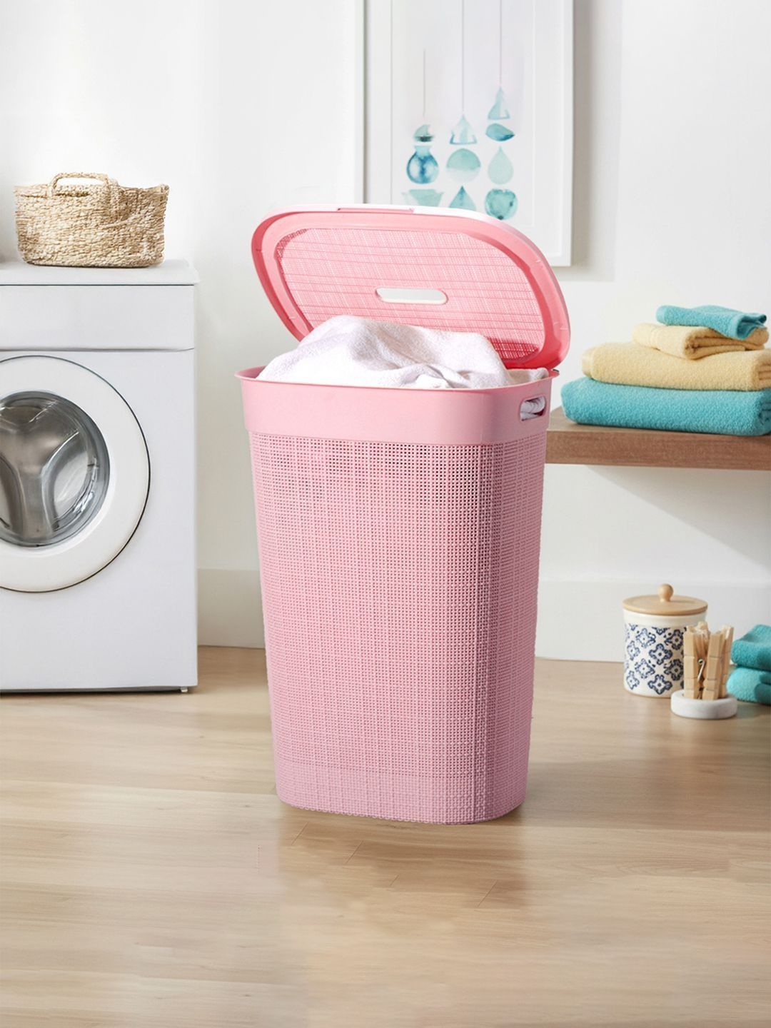 Aura Wood-Pink Textured Portable Lightweight Laundry Basket With Lid & Handle - 55 L-picture-13